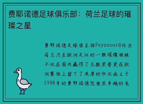 费耶诺德足球俱乐部：荷兰足球的璀璨之星