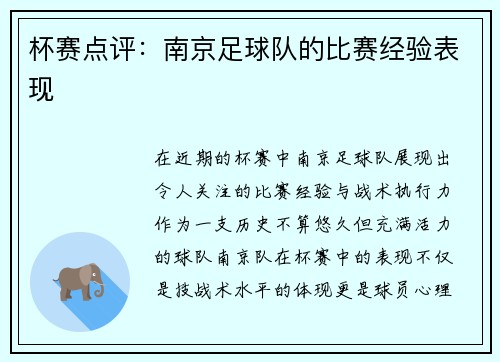 杯赛点评：南京足球队的比赛经验表现